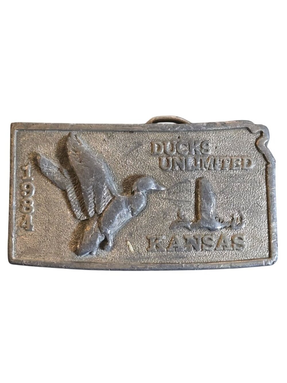 Ducks Unlimited Belt Buckle 1984 Vintage Kansas Green Winged Teal Fowl